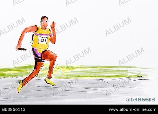 Relay race, track and field athletics, drawing by the artist Gerhard Kraus, Kriftel, illustration.