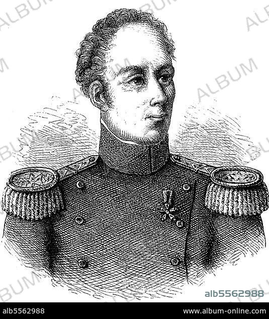 Guillaume Henri Dufour, 15. September 1787, 14. Juli 1875, war ein Schweizer General, Ingenieur, Kartograf, Politiker und Humanist. Dufour war der erste General in der Geschichte der Armee des Schweizer Bundesstaats, Historisch, digitale Reproduktion einer Originalvorlage aus dem 19. Jahrhundert.