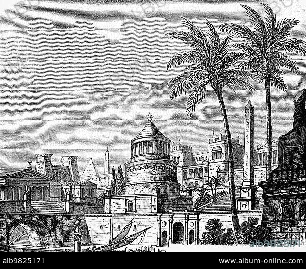 Alexandria; ancient Egypt; city view; Nile; palm tree; palace; obelisk; temple; wealth; barque; important; 4th century; history; historical illustration 1894.