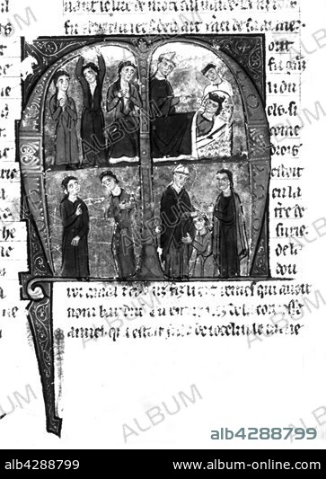 William of Tyre, "History of Deeds done beyond the Sea", Accra, ca. 1275-1291, f° 218 v : Mourners during the death of Amaury I, Coronation of Baudoin IV. 13th. CrusadesParis, Bibliothèque Nationale.