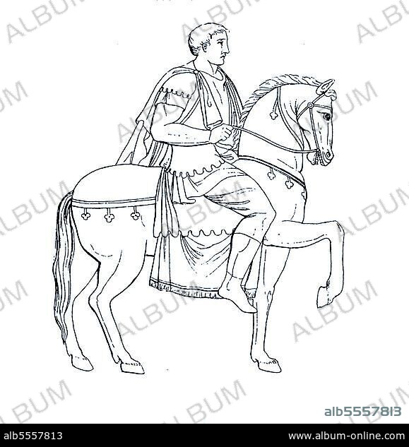Antikes Rom, römischer Reiter mit Lorica und Sagum, Reitermantel, Geschichte der Mode, Historisch, digital restaurierte Reproduktion einer Originalvorlage aus dem 19. Jahrhundert, genaues Originaldatum nicht bekannt.