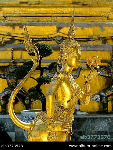 Kinnari, Kinnorn or Kinnare statue, mythical creature, Wat Phra Kaeo Temple, Royal Palace, Bangkok, Central Thailand, Thailand, Asia.