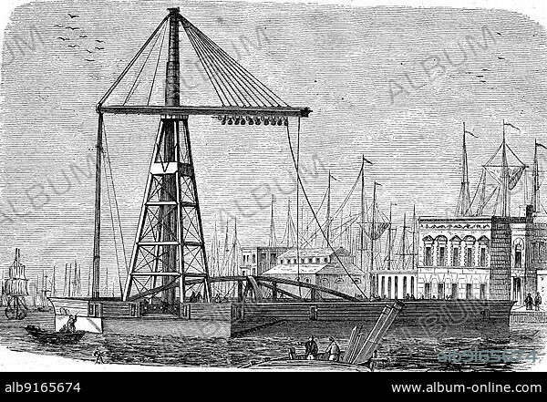 The iron steam derrick, steam crane, A derrick is a lifting device consisting of at least one guyed mast, such as a gin mast, which can be articulated above a load by adjusting the guy wires. digitally restored reproduction of a 19th century original, exact original date unknown.