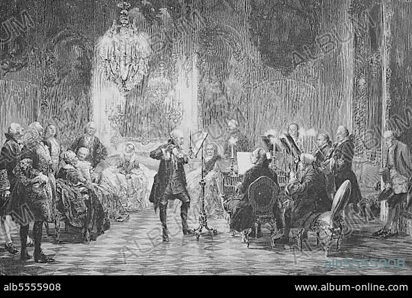 Flötenkonzert in Sanssouci, Potsdam, Deutschland, Historisch, digitale Reproduktion einer Originalvorlage aus dem 19. Jahrhundert.