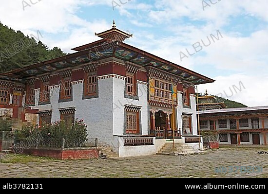 Buddhist monastery Lhodrak Kharchhu, Jakar, Bumthang Valley, Bhutan, Asia.