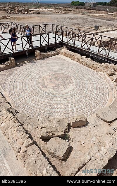 Mosaic floor, excavation site, Kato Paphos resort, House of Theseus, UNESCO World Heritage site, Paphos, Cyprus, Europe.