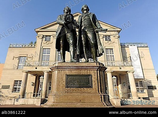 Goethe-Schiller Monument and German National Theatre, Weimar, Thuringia, Germany, Europe.