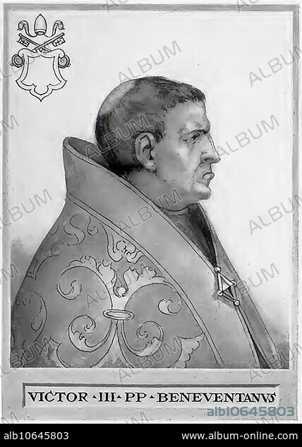 Victor III (born c. 1027 in Benevento) (died Sept. 16) (1087 in Montecassino) officiated as pope of the Gregorian party after his election in May 1086 until his death, Historical, digitally restored reproduction from a 19th century original, Victor III (born c. 16) (1087 in Montecassino) officiated as pope of the Gregorian party after his election in May 1086 until his death, Historical, digitally restored reproduction from a 19th century original.