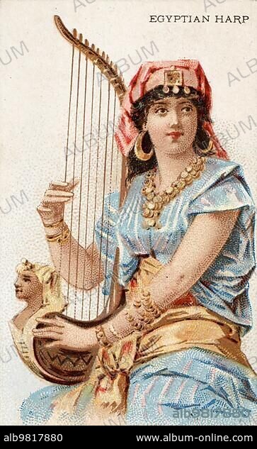 Musical instruments; Woman playing a musical instrument; Egyptian harp; Historical; digital reproduction of a 19th century collector's picture.
