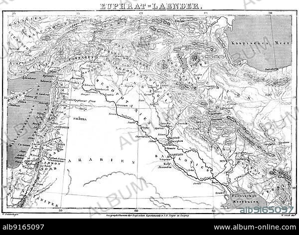 Euphrates countries, map, cartography, Near East, Mediterranean Sea, Caspian Sea, Mesopotamia, Tigris, Palmyra, Arabia, Babylonia, Damascus, Jerusalem, Kufa, Bible, Old Testament, Genesis, historical illustration 1850.