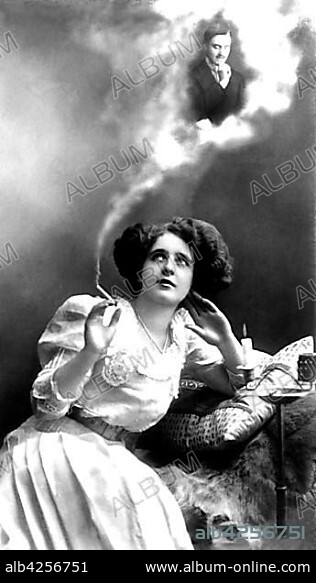 Couple, early montage, woman smokes and beloved man appears in cigarette smoke, 1910s, Germany, Europe.