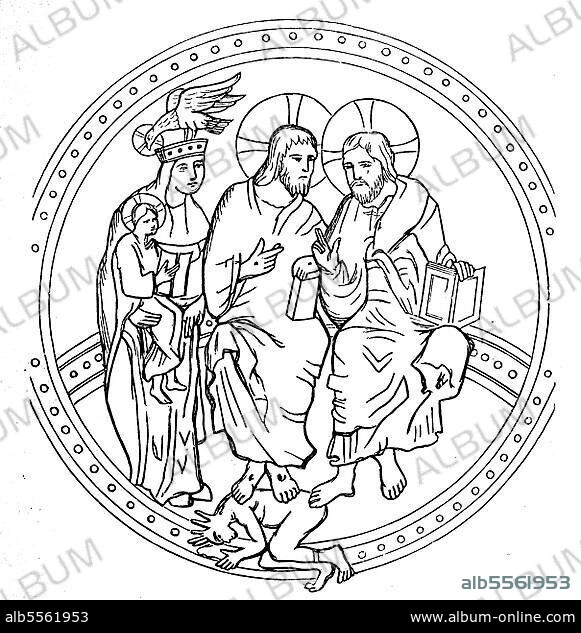 Symbolische Darstellung der Dreieinigkeit im 10. Jahrhundert, Dreieinigkeit, Dreifaltigkeit oder Trinität, trinitas, ist in der christlichen Theologie die Wesenseinheit Gottes in drei Personen oder Hypostasen, Historisch, digital restaurierte Reproduktion einer Originalvorlage aus dem 19. Jahrhundert.