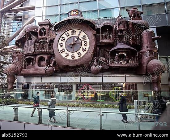 Ni-Tele Really Big Clock or Giant Ghibli Clock, the largest animated clock in the world, in front of the Nippon Television Tower, Shiodome, Tokyo, Japan, Asia.