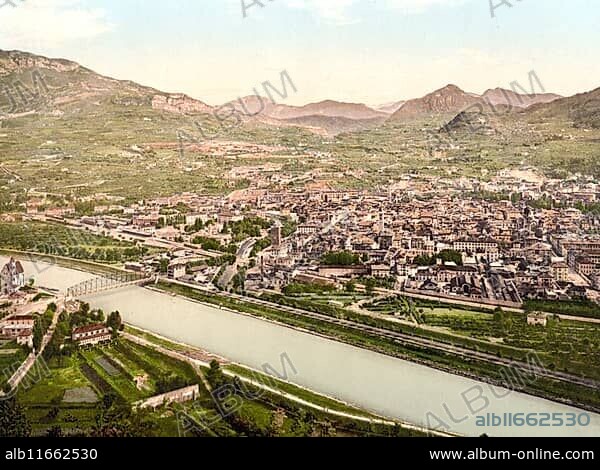 View of Trento, formerly Austria-Hungary, today South Tyrol, Italy, Historical, digitally restored reproduction from a 19th century original, Record date not stated, Europe.