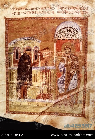 Nicephore Botaniate and monk Sabas, (Nicephore I the Logothete, Byzantine Emperor (802-811?).. Painting in St. John Chrysostome: Homilies. c.1078. ConstantinopleParis, Bibliothèque Nationale.