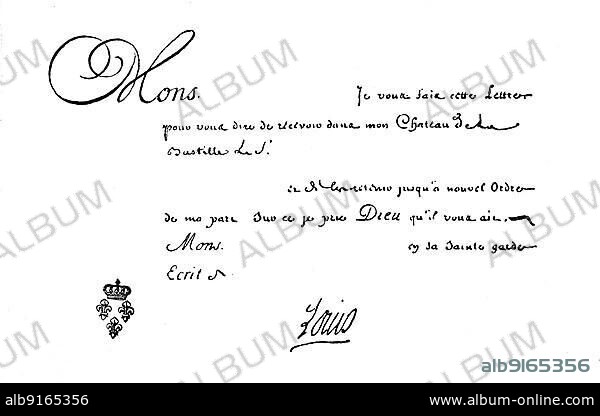 Lettre de Cachet by Louis XIV, in the history of France, sealed letters signed by the French king. Written statement of a royal order and declaration of will, this then often led to imprisonment or punishment, Historical, digitally restored reproduction of a 19th century original, exact date unknown.