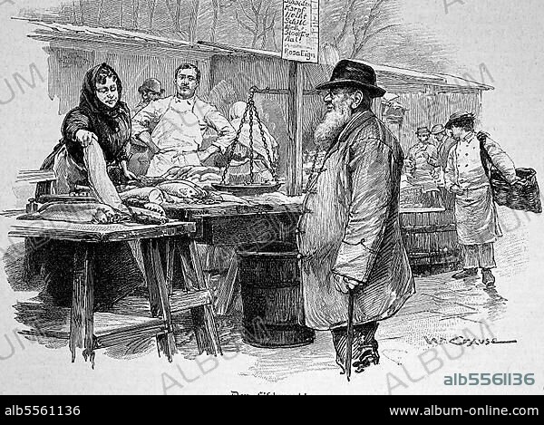 Markt in Wien, Österreich, Fischhändler auf dem Fischmarkt, Historisch, digital restaurierte Reproduktion einer Originalvorlage aus dem 18. Jahrhundert, genaues Originaldatum nicht bekannt.