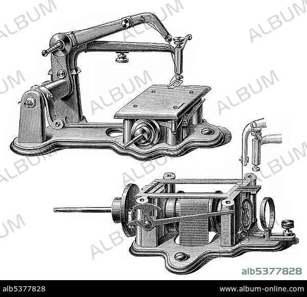 Historical graphic representation, schematic drawing of a sewing machine, Wheeler-Wilson system, 19th century, from Meyers Konversations-Lexikon encyclopaedia, 1890.
