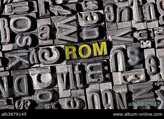 The word "Rom", for Rome, made of old lead type.