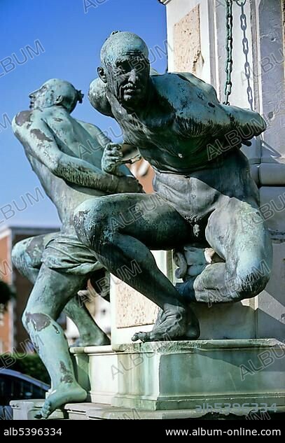 Statues of the Quattro Mori, "Four Moors", on the monument to Ferdinand I, Livorno, Tuscany, Italy, Europe.