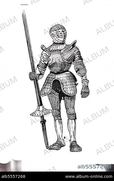 Mode, Kleidung, Rüstung im Spätmittelalter, deutsche Rüstung aus Stahl um 1515, mit hohen Schulterkanten, die Passegarden, digital restaurierte Reproduktion einer Originalvorlage aus dem 19. Jahrhundert.