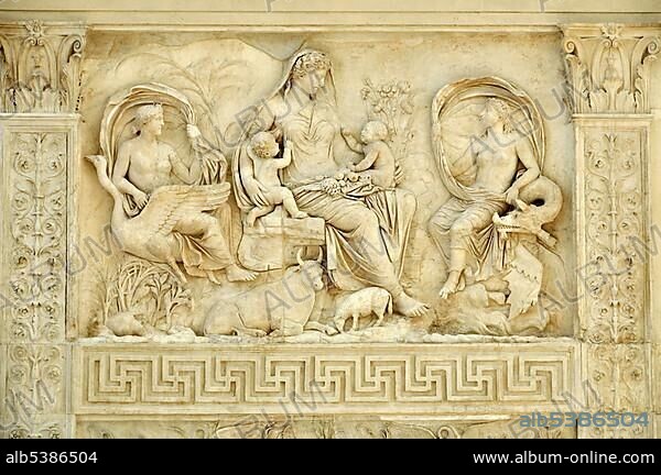 Relief of the earth goddess Tellus or Italia, between nymphs, Altar of Augustan Peace, Ara Pacis Augustae, eastside, Rome, Lazio, Italy, Europe.