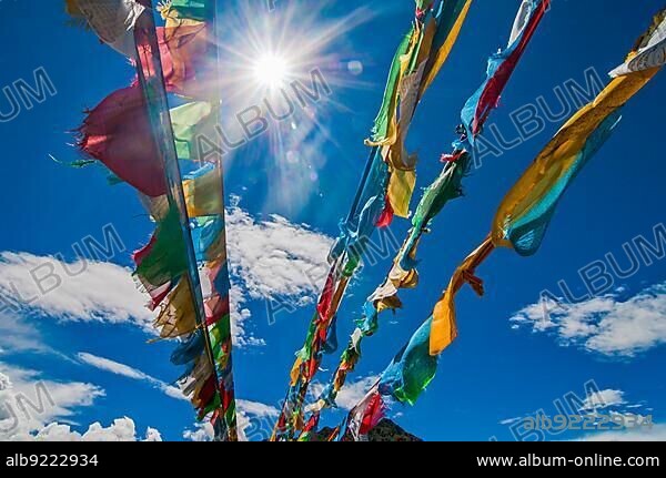 Praying flags on the Karo-La Pass along the Friendship Highway, Tibet, Asia.