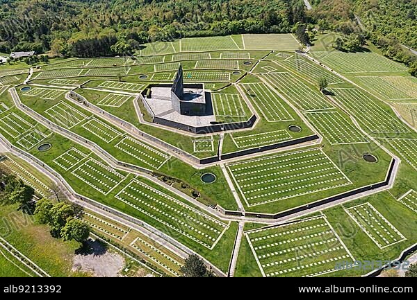 German Military Cemetery Futa Pass, Italian Cimitero militare germanico della Futa, is the largest military cemetery in Italy. According to the German War Graves Commission, 30, 800 German soldiers who died in Italy during the Second World War are buried here, aerial view, Passo Futa, Firenzuola, Italy, Europe.