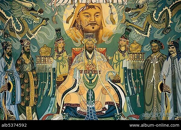 Mural with Genghis Khan, Temujin, Great Khan of the Mongol Empire, and his court, Dongsheng, Inner Mongolia, China, Asia.