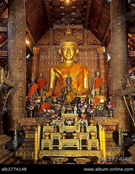 Buddha statue in Wat Xieng Tong or Vat Xienthong, Thong, Luang Prabang, Luang Prabang Province, Laos, Asia.