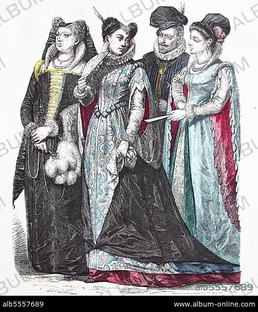 Folk traditional costume, clothing, history of costumes, students in Padua and farmer, Italy, 1570-1600, digitally restored reproduction of a 19th century original, exact date unknown, Europe.