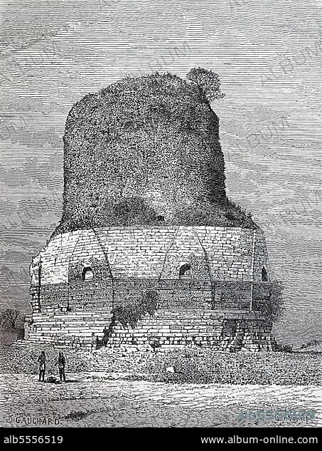 Dhamek Stupa, Dhamekh, Dhamekha, Dharmarajika Stupa, large stupa at Sarnath, Varanasi, State of Uttar Pradesh, India, Historic, digitally restored reproduction of a 19th century original, exact date unknown, Asia.