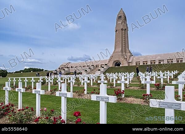 Douaumont Ossuary and Military Cemetery for French and German soldiers of the First World War who died in the Battle of Verdun, France, Europe.