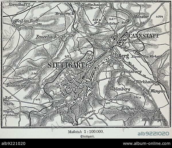 City map of Stuttgart, Baden-Württemberg, scale 1:10.000, state capital, districts, Zuffenhausen, Cannstatt, Untertürkheim, Bopser, map, cartography, railway lines, dead-end station, surrounding area, historical illustration 19th century.