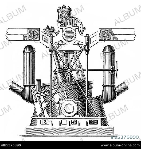 Historical graphic representation, technical drawing, oscillating twin boat engine for driving propellers, steam engine, piston heat engine, the contained thermal energy or pressure in steam is transformed into mechanical work, 19th Century, from Meyers Konversations-Lexikon encyclopaedia, 1890.