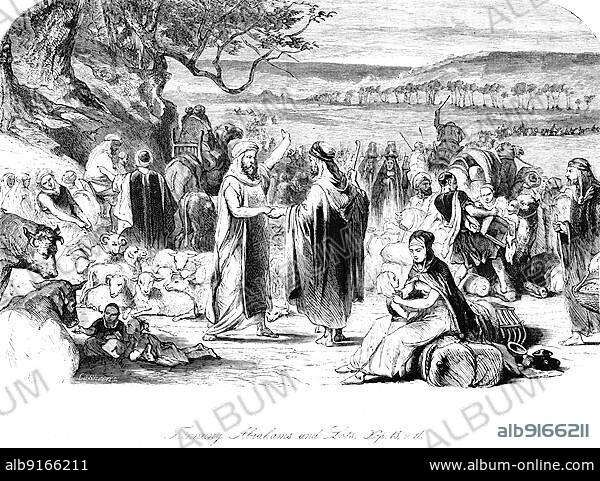 Separation of Abraham and Lot, Abraham, Lot, separate, landscape, many people, valley, mountains, men, women, children, sheep, cattle, camels, riding, trees, goods, baggage, Jordan, Moses, Bible, Old Testament, First Book of Moses, Chapter 13, Verse 11, historical illustration 1850, Asia.
