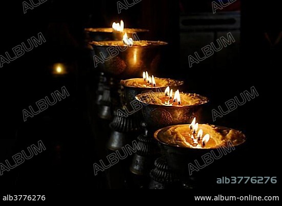 Butter lamps, Central Temple, Samye Monastery near Lhasa, Tibet, China, Asia.