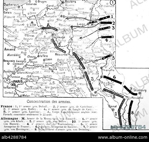 First World War.. Map of the concentration of armies : . French side : Dubail General armies, under Castelnau, Ruffey, under Langle de Cary, Lanzerac.. German side : General armies under von Emmich, von Kluck, von Bullow, von Hausen, the Duke of Wurtemberg, the Crownprince of Prussia, the Crownprince of Bavaria, under General von Heeringen and detachment of the army of General von Deimling.