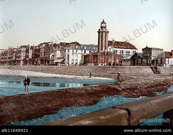 Lighthouse and hotels on the beach, Blankenberghe, Blankenberge, Belgium, ca 1895, Historical, digitally restored reproduction from a 19th century original, Record date not stated, Europe.