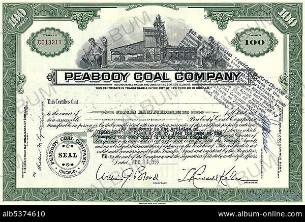 Historical stock certificate, Peabody Coal Company, 1956, New York, now Peabody Energy, the largest U.S. mining company in the coal mining industry, St. Louis, Missouri, USA, North America.