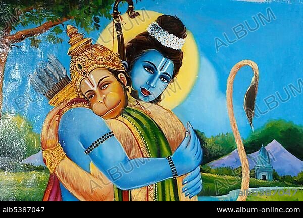 Painting of Hanuman with the god Rama, Srivilliputhur Andal temple, Srivilliputtur, Tamil Nadu, Tamilnadu, South India, India, Asia.