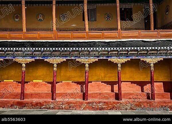 Tibetan architecture, arcade in Thiksey gompa (Tibetan Buddhist monastery) . Ladakh, India, Asia.