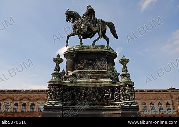 Equestrian statue of King Johann, built in 1889, against the blue sky, Dresden, Saxony, Germany, Europe.