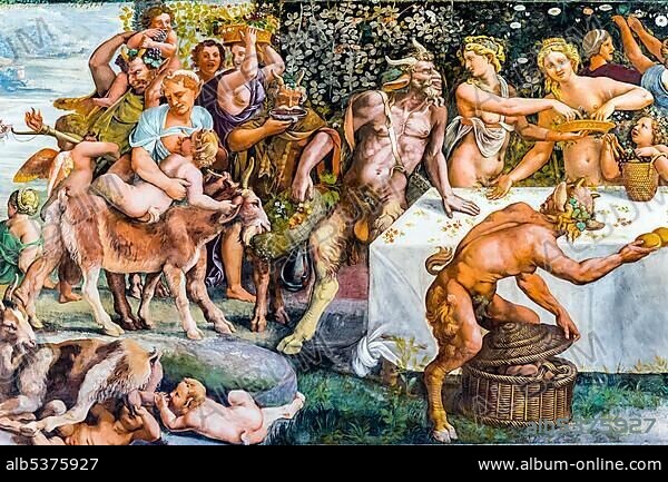 Banquet with lustful faun, mythological fresco by Giulio Romano, Hall of Amor and Psyche, Camera di Amore e Psiche, Palazzo Te pleasure palace, Mantua, Lombardy, Italy, Europe.