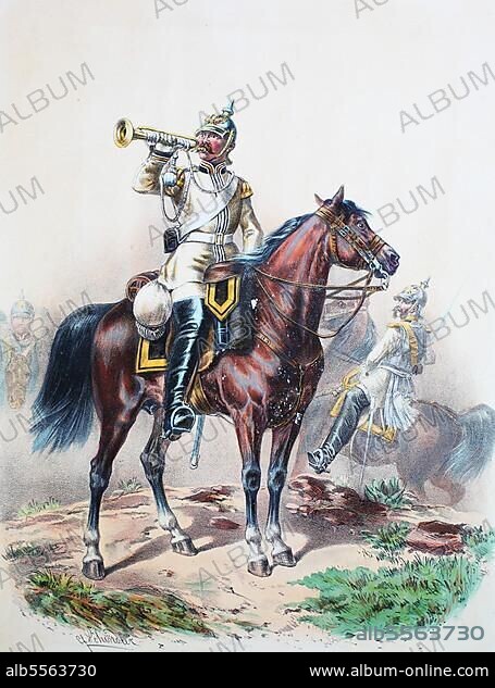 Prussian Army, Prussian Guard, Leib Kürassier Regiment, Silesian No. 1, Trumpeter, Officer, Army Uniform, Military, Prussia, Germany, digitally restored reproduction of a 19th century original, Europe.