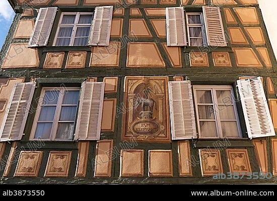 Facade of Hotel Zum Elefant, historical half-timbered house from the 15th century, Ribeauvillé, Alsace, France, Europe.