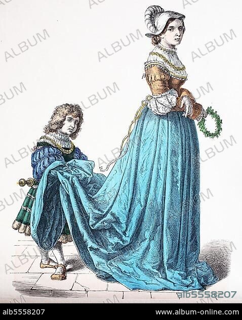 Folk traditional costume, Clothing, History of costumes, French noblewoman and pageboy, 1500-1535, Germany, Historical, digitally restored reproduction of a 19th century original, Europe.