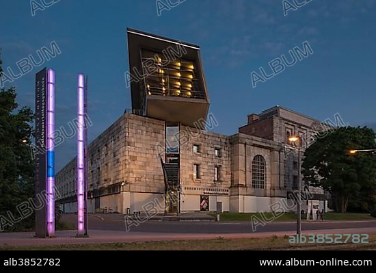Congress Hall of the Nazi Party, 1933-1945, not completed, Documentation Centre Nazi Party Rally Grounds, modern extension built in 2001, walk-in "arrow" of glass and steel, architect Günther Domenig, Nuremberg, Bavaria, Germany, Europe.