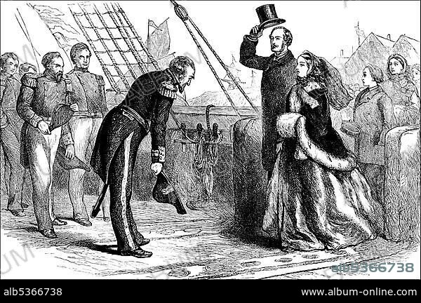 Historical scene, 19th century, Queen Victoria and Prince Albert visiting the HMS Resolute, a British polar research ship sailing in the Royal Navy, 1853.