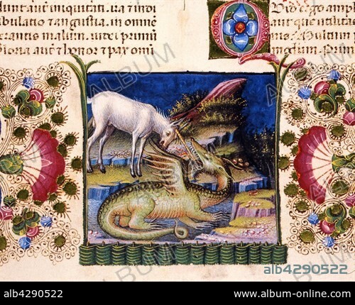 Facsimile of the Bible of Borso d'Este. Volume II, folio 185 recto: Unicorne fighting a dragon. Biblioteca Estense Universitaria, Modena.. The Bible of Borso d'Este consists of 2 volumes with the pages illuminated on both the front and the back. Created by Taddeo Crivelli (1425-1479), with contributions by Franco dei Russi (active from 1453-1482), Guglielmo Giraldi (active from 1445-1490) and Girolamo de Corradi (active from 1451-1483).